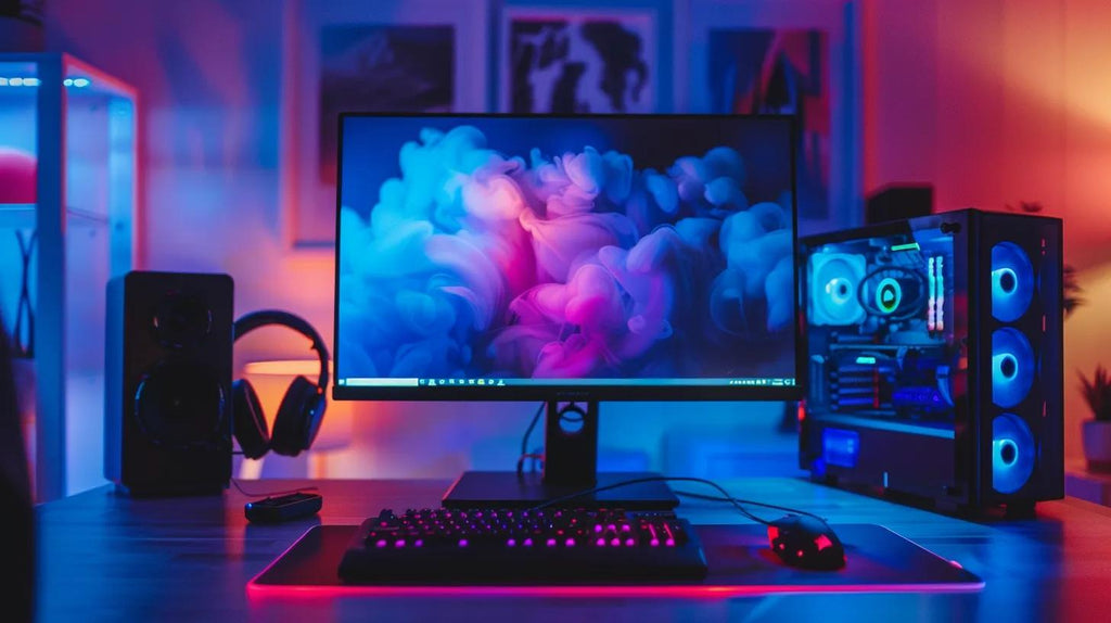 Gaming PC Monitors with a mouse and keyboard near it with RGB
