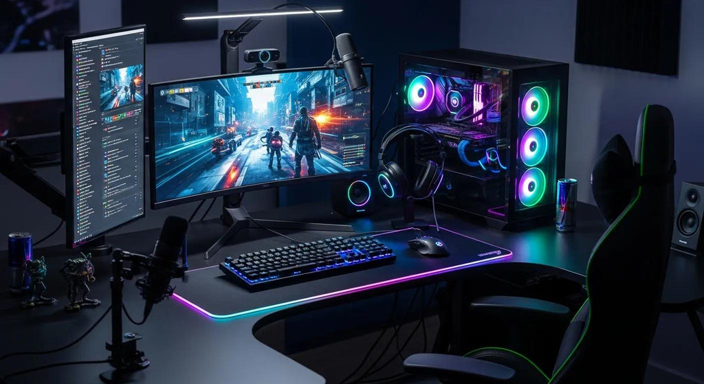 High-end gaming PC setup with RGB lighting and gaming peripherals