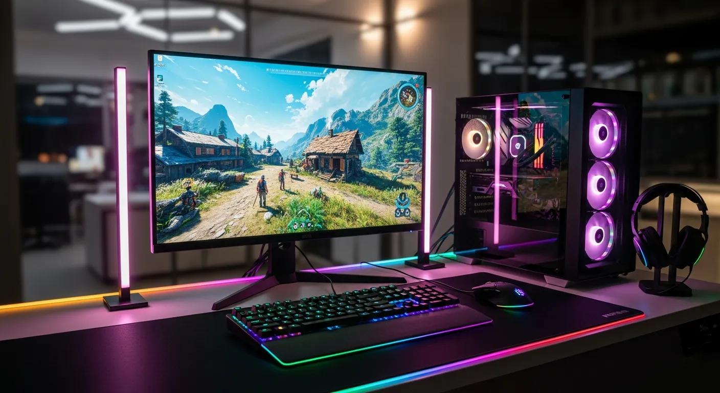 Modern gaming PC setup with RGB lighting and high-resolution monitor