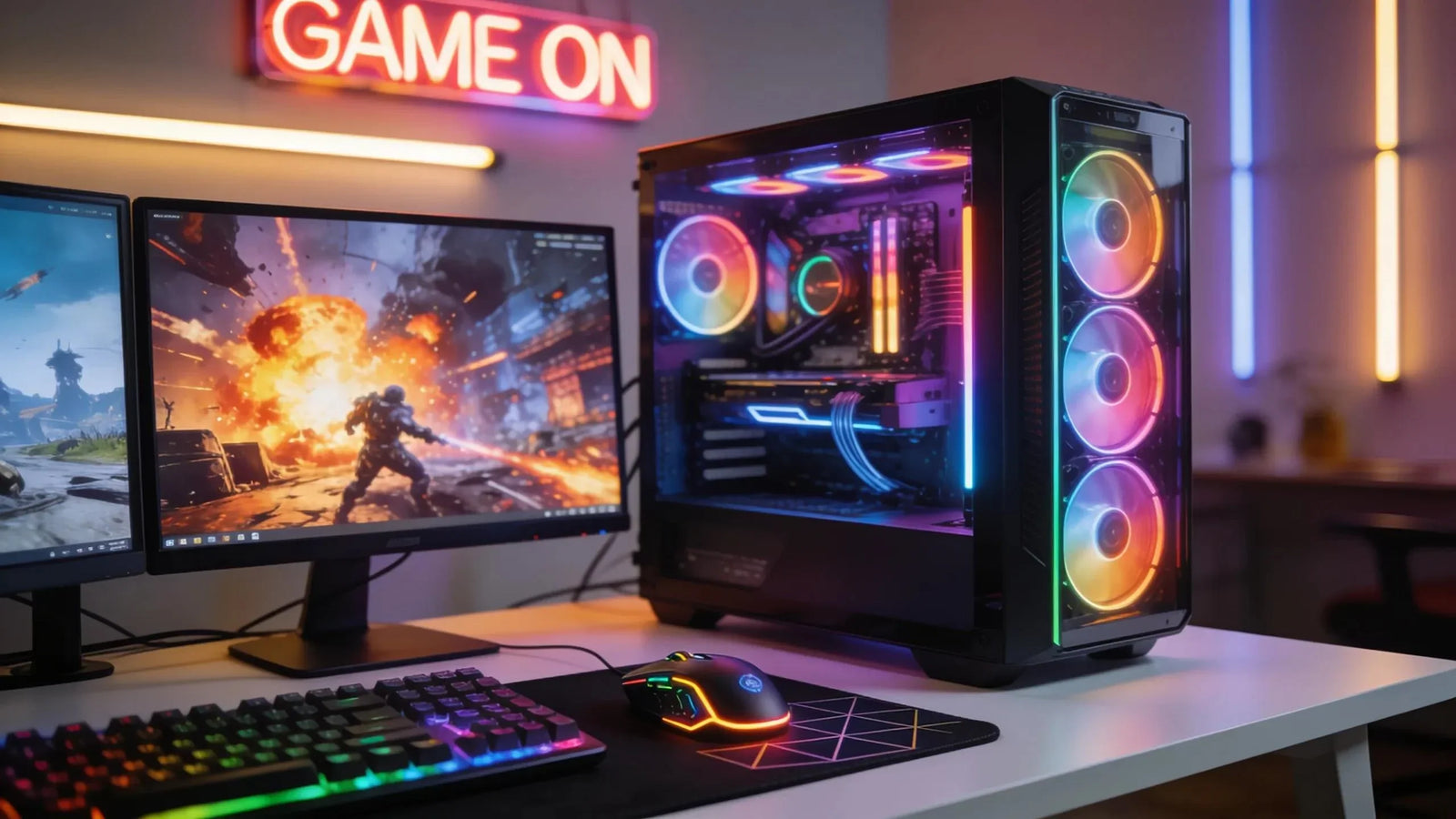High-performance gaming PC setup with RGB lighting and dual monitors showcasing vibrant game graphics.