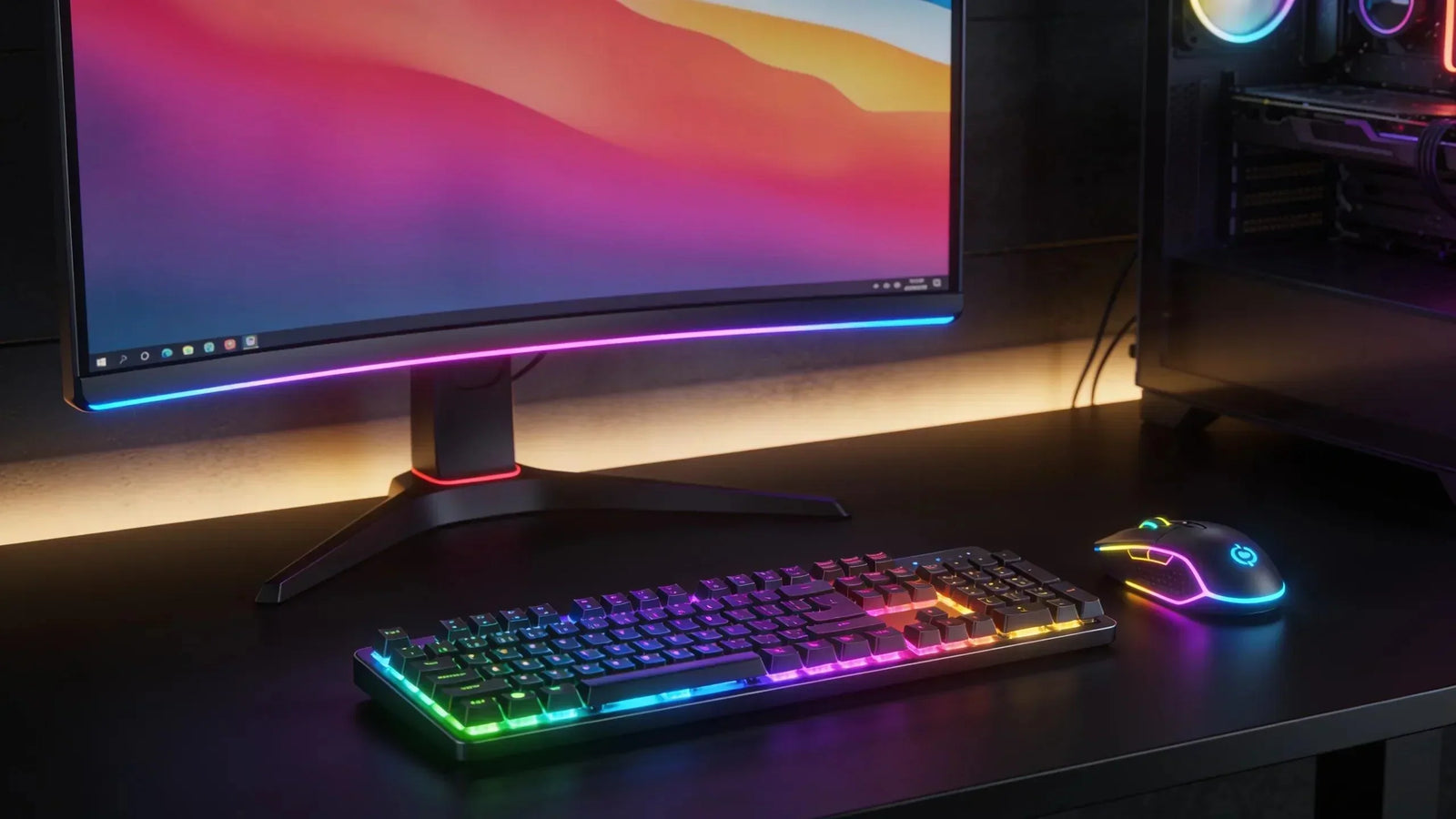 Gaming desktop setup with illuminated components, monitor, keyboard, and mouse