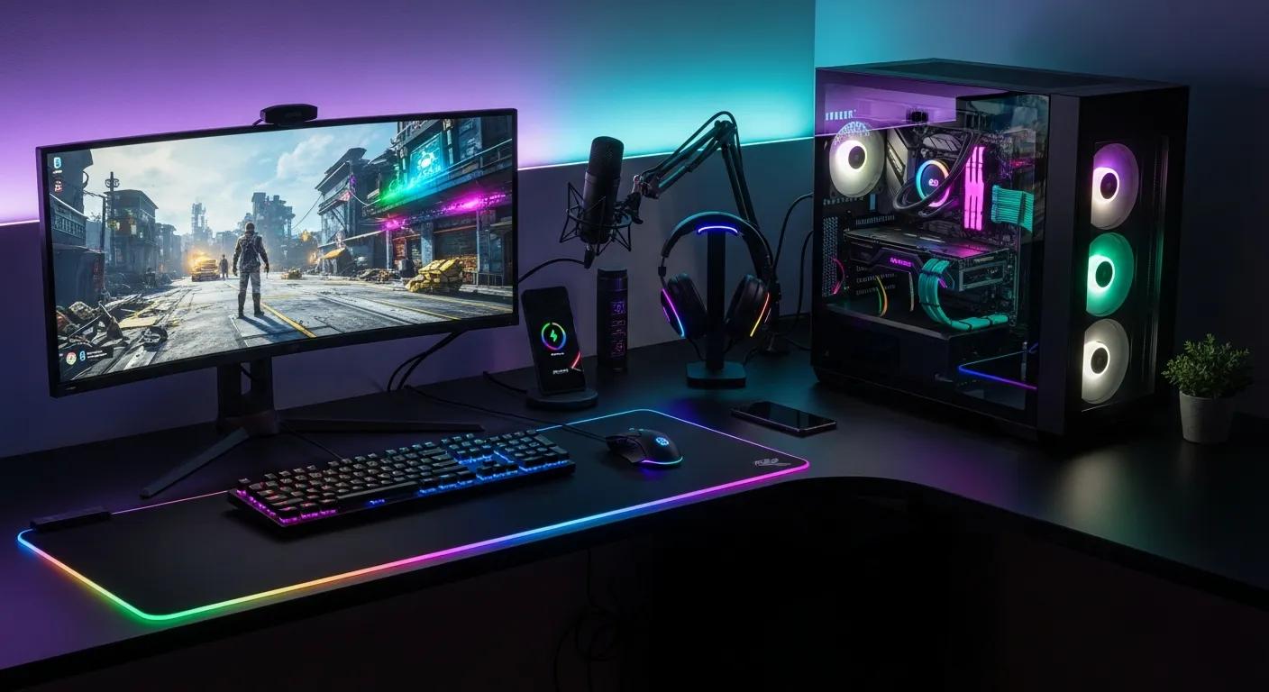 Modern gaming PC setup with RGB lighting and accessories