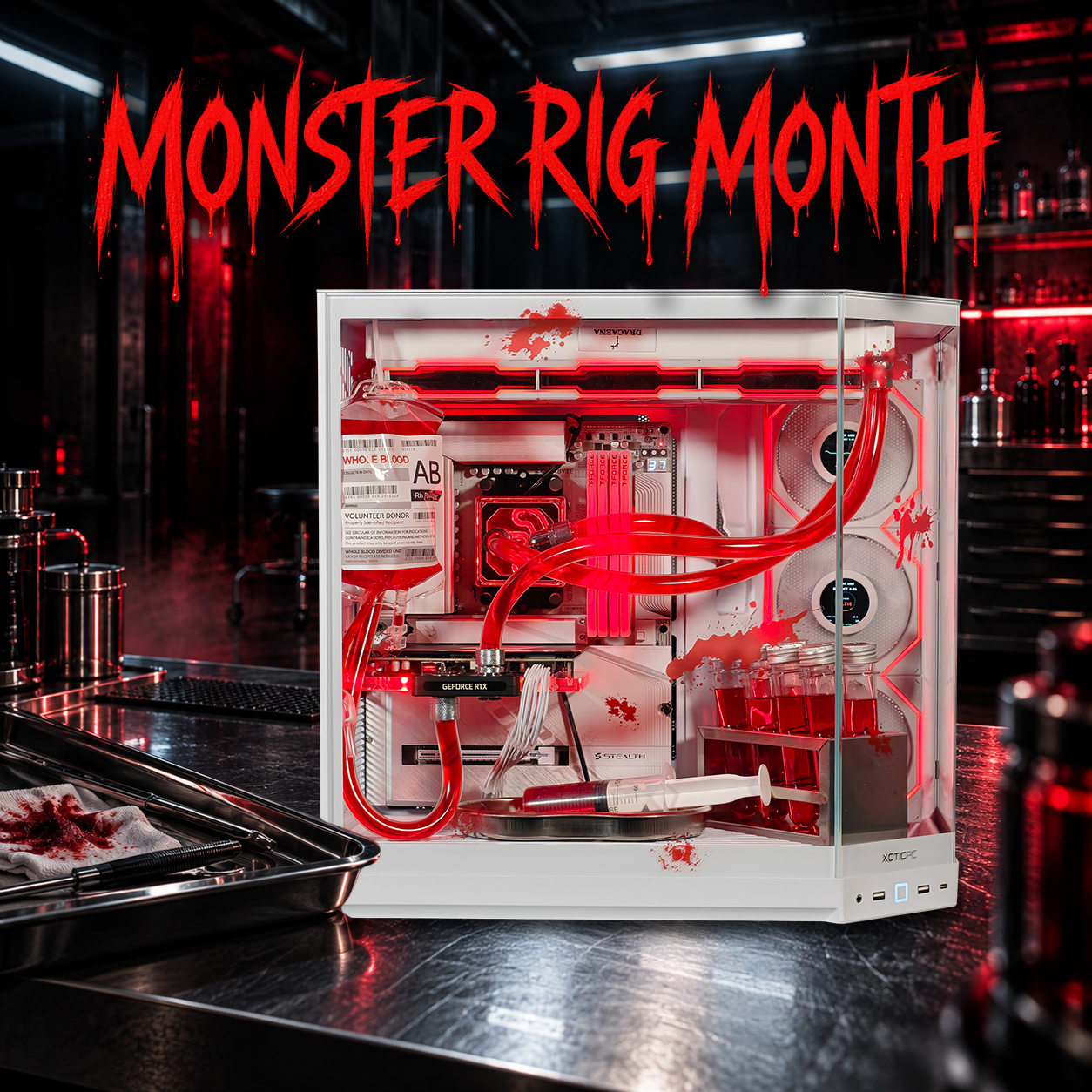 Monster Rig Month graphic featuring The Autopsy custom gaming PC with red liquid cooling in a dark XOTIC PC laboratory.