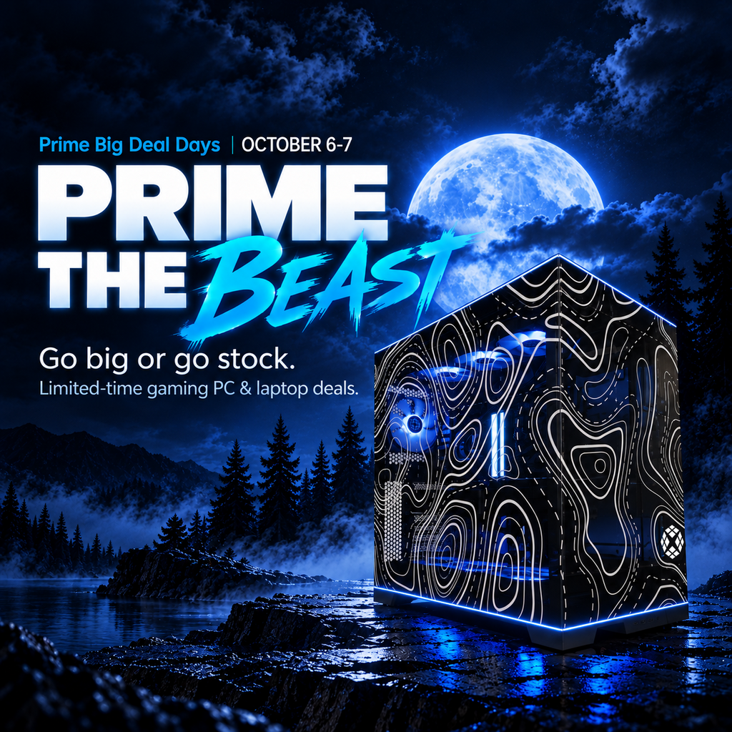 Prime the Beast graphic for Prime Big Deal Days, October 6-7, featuring an XOTIC PC gaming desktop under a full moon with limited-time gaming PC and laptop deals.