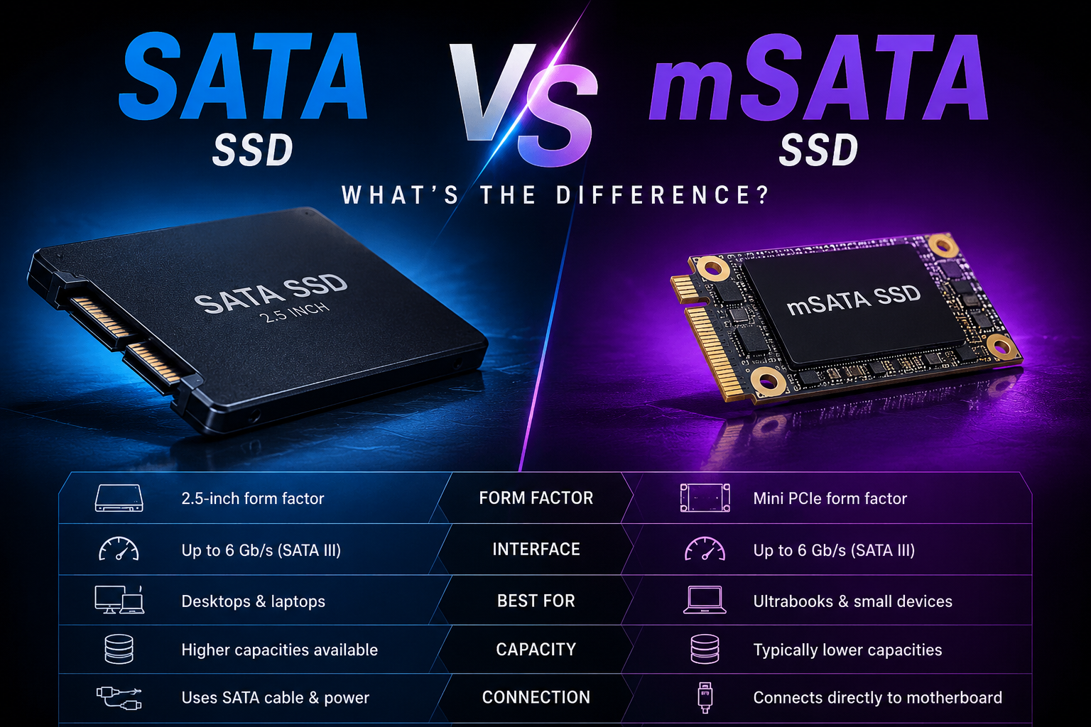 SATA vs. mSATA SSD comparison showing form factor, 6 Gb/s SATA III speed, compatibility, capacity, and connection differences.