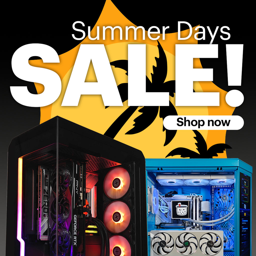 XOTIC PC Summer Days Sale featuring custom gaming PCs with RGB lighting, NVIDIA GeForce RTX graphics, and high-performance components.