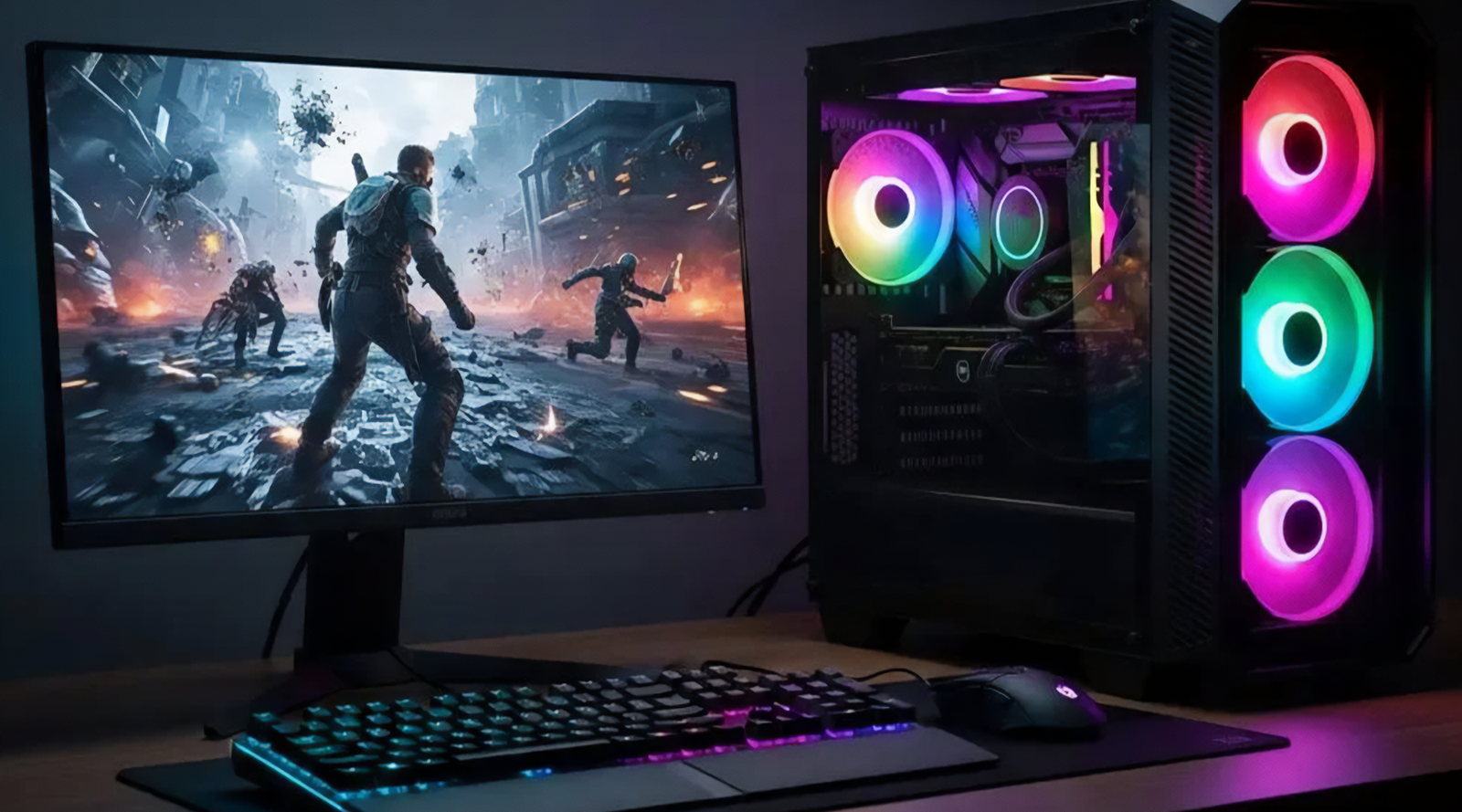 High-performance prebuilt gaming PC setup with RGB lighting and gaming peripherals