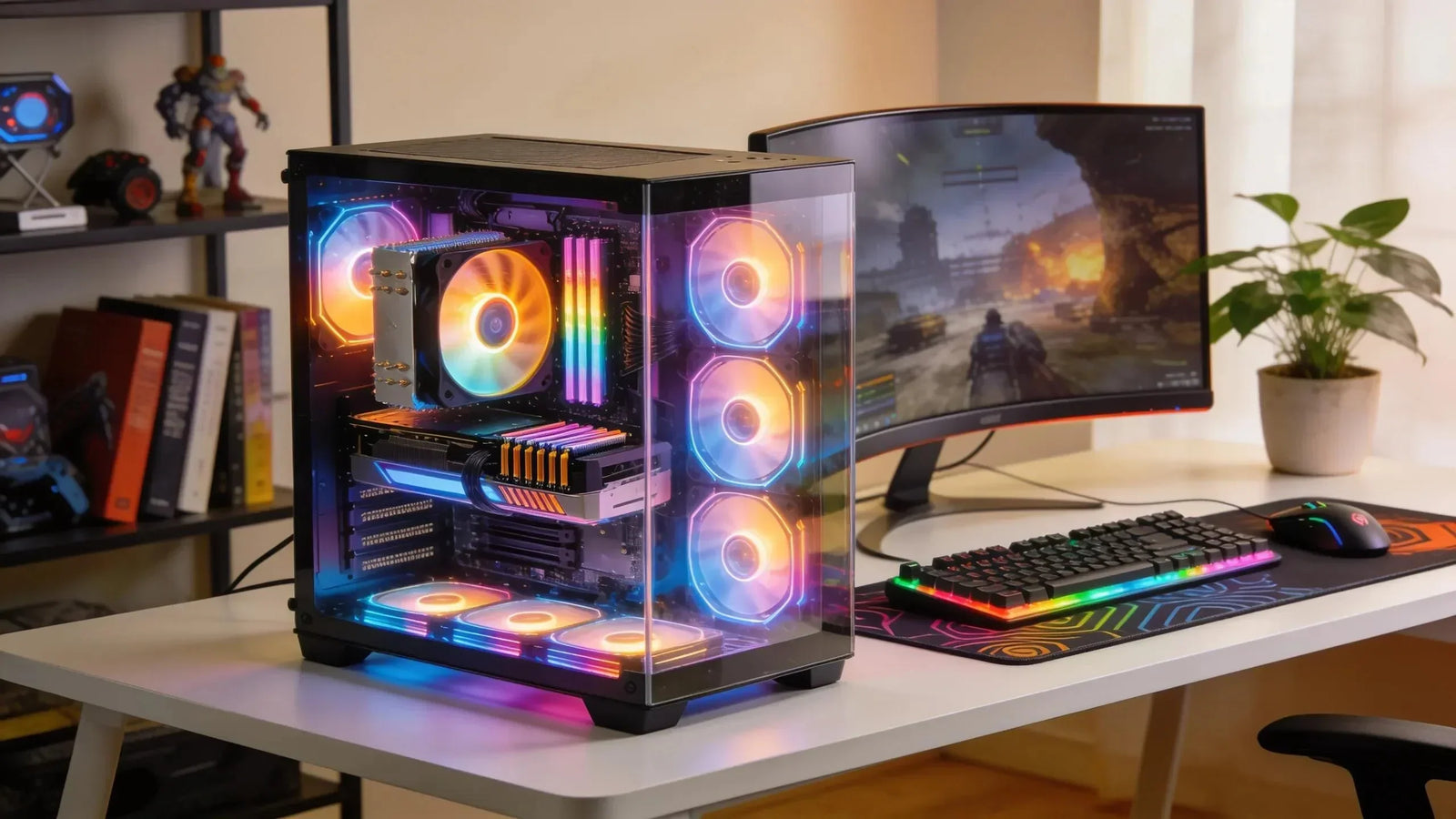 Custom gaming PC setup with vibrant RGB lighting and high-performance hardware displayed in a modern workspace