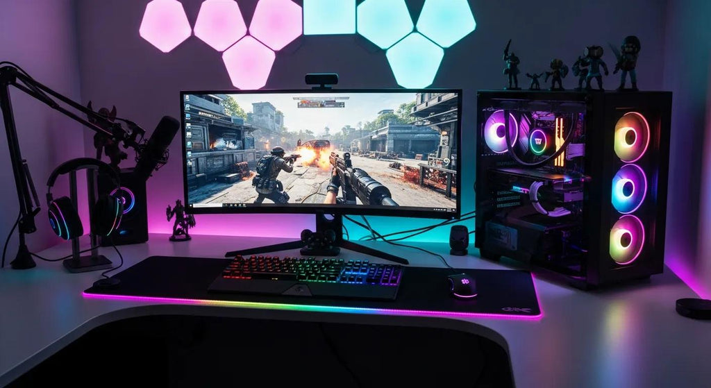 High-performance gaming PC setup with RGB lighting and gaming accessories