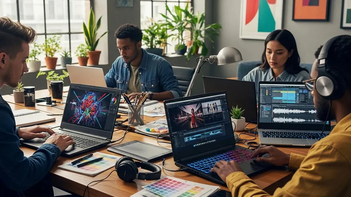 Diverse creators working with powerful gaming laptops in a modern workspace, highlighting technology's impact on creativity