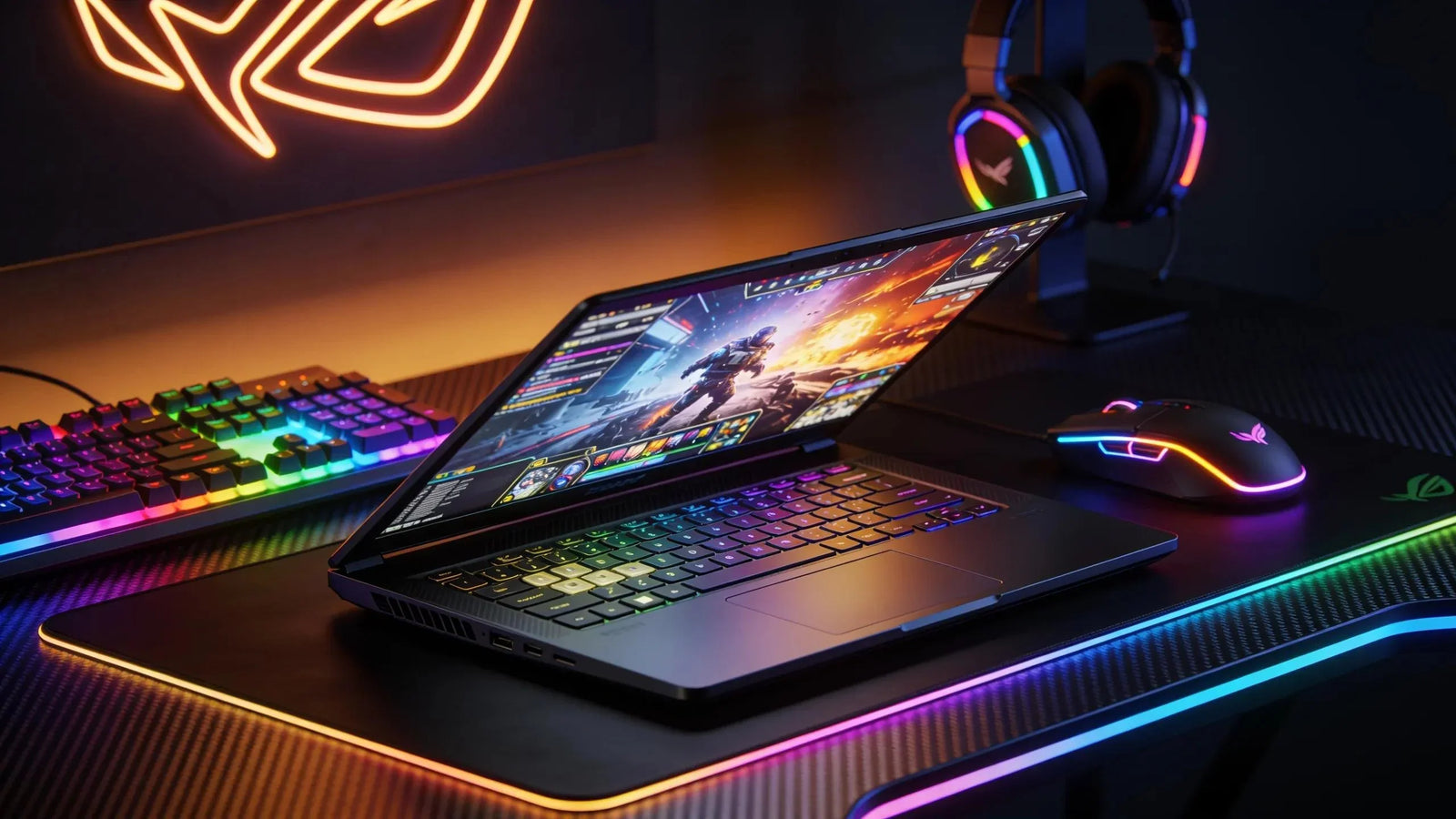 Custom gaming laptop setup with an immersive gaming atmosphere featuring RGB lighting