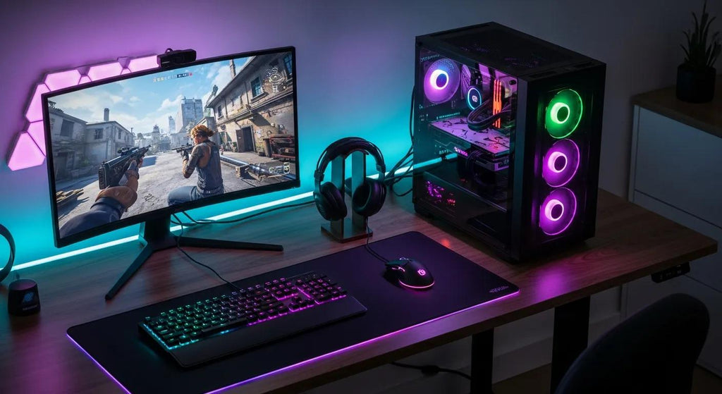 Modern prebuilt gaming computer setup with RGB lighting and gaming peripherals