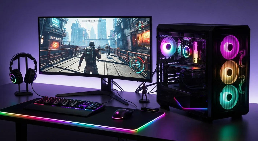 Modern prebuilt gaming rig setup with RGB lighting and gaming peripherals