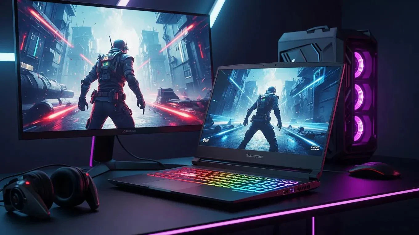 Showcase of a high-performance gaming laptop in a sleek gaming setup, emphasizing its design and features