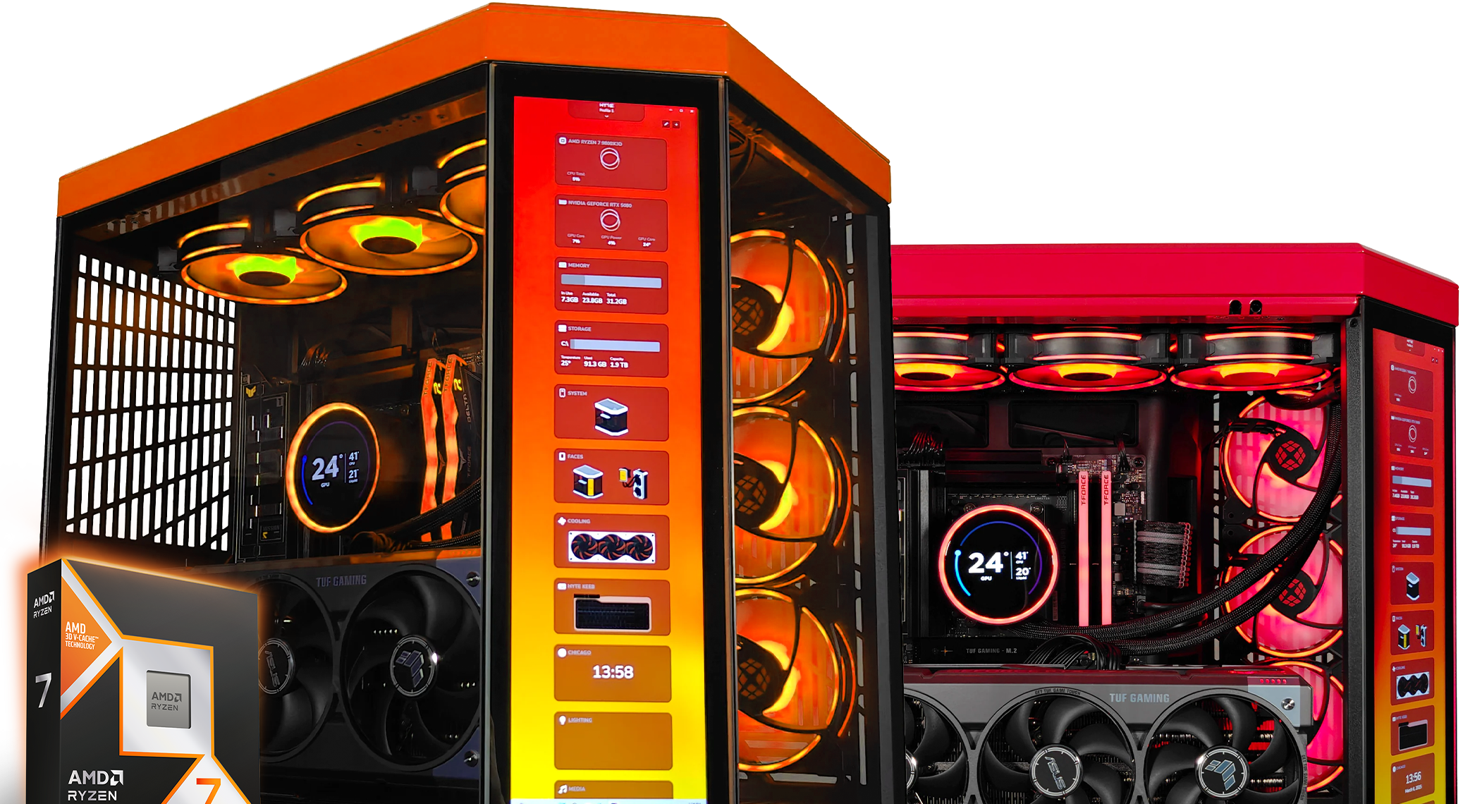 Two custom-built gaming PCs with tempered glass cases and orange-to-red RGB lighting, shown side by side. Both systems feature AMD Ryzen 9000 Series branding, visible liquid CPU coolers with digital temperature displays, multiple RGB fans, and high-end graphics cards. An AMD Ryzen™ 7 9850X3D processor box appears in the foreground, emphasizing performance-focused hardware and bold, futuristic design.