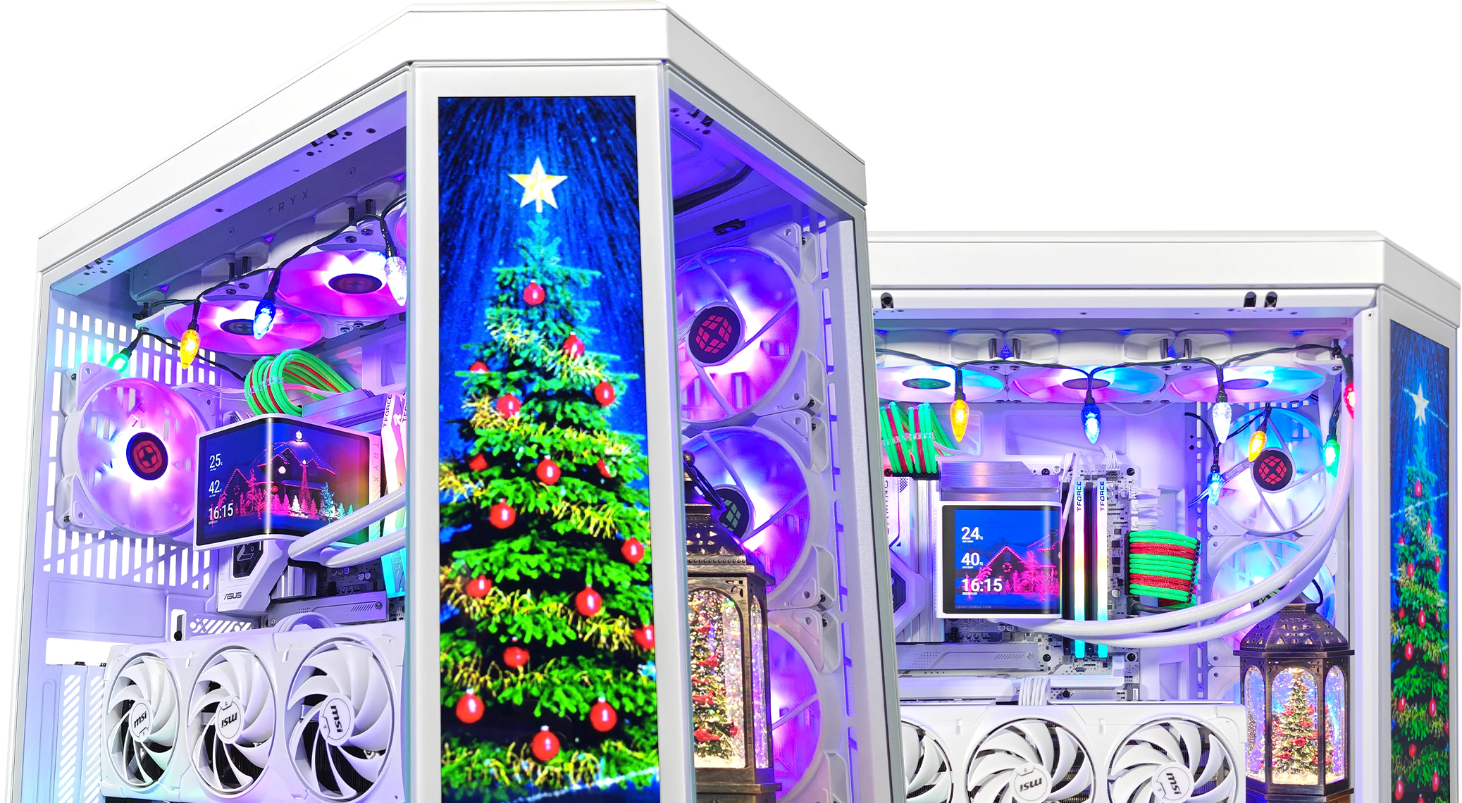 A pair of custom-built Vision Compact Stealth Extreme gaming PCs from XOTIC PC featuring sleek black cases with tempered glass panels, illuminated by cool white and blue LED lighting. Each system showcases high-end components, including liquid cooling with XOTIC PC branding, multiple RGB fans, and NVIDIA GeForce RTX graphics cards. The mirrored glass and lighting effects highlight the clean cable management and premium design.