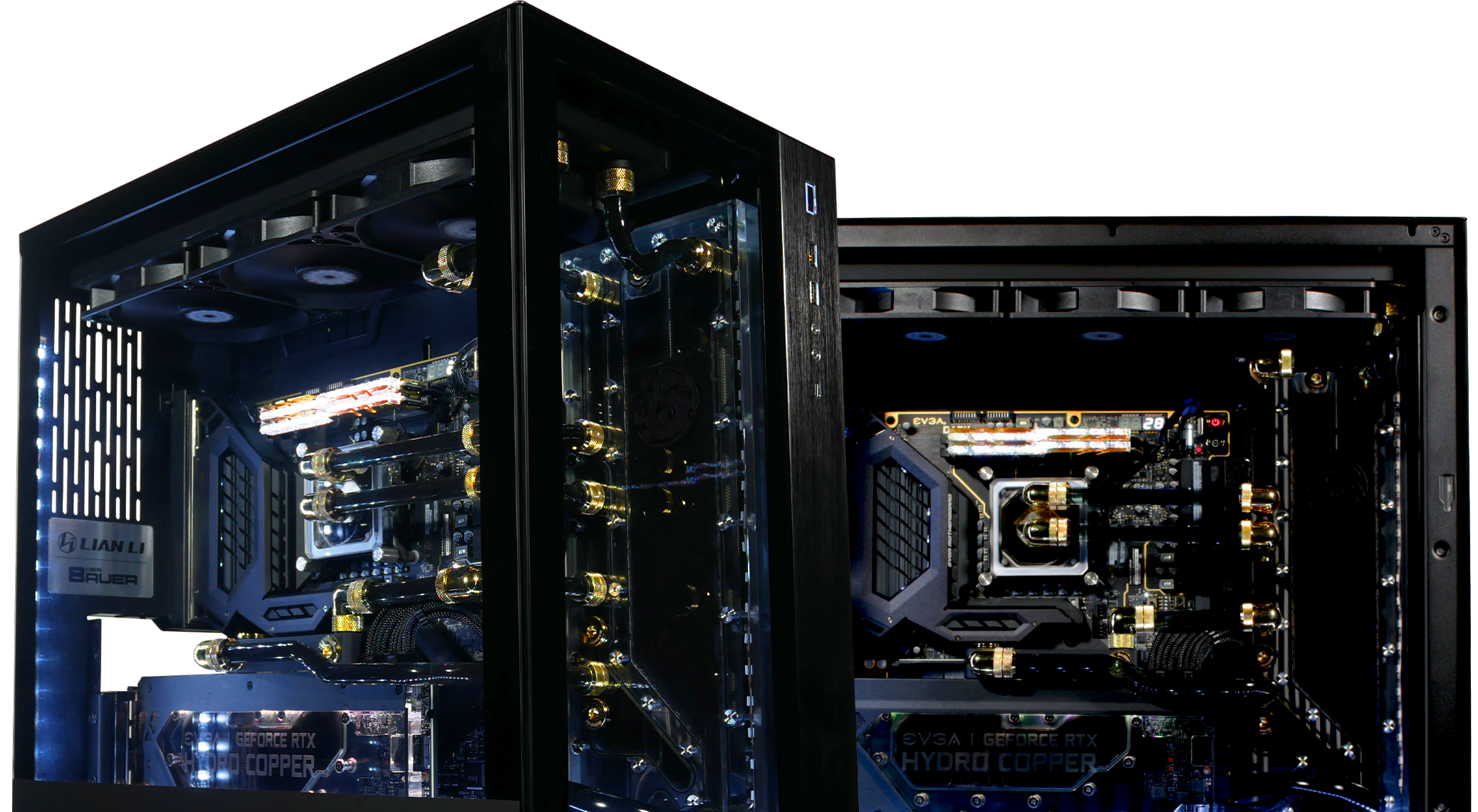 Dual black tempered-glass PC cases shown side by side against a dark background, each featuring a high-end custom liquid-cooling setup with visible tubing, gold fittings, illuminated components, and EVGA GeForce RTX Hydro graphics cards.