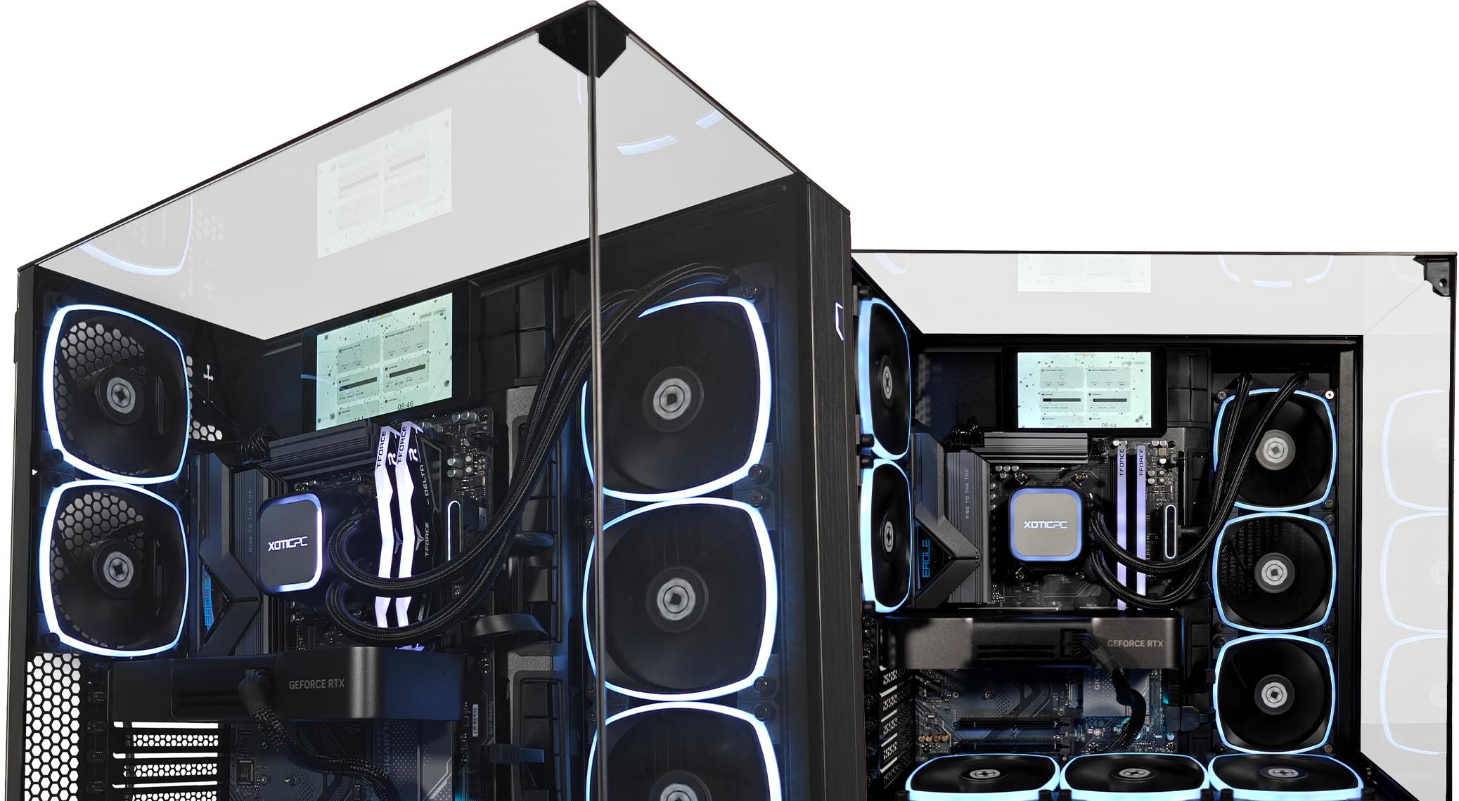 A pair of custom-built Vision Compact Stealth Extreme gaming PCs from XOTIC PC featuring sleek black cases with tempered glass panels, illuminated by cool white and blue LED lighting. Each system showcases high-end components, including liquid cooling with XOTIC PC branding, multiple RGB fans, and NVIDIA GeForce RTX graphics cards. The mirrored glass and lighting effects highlight the clean cable management and premium design.