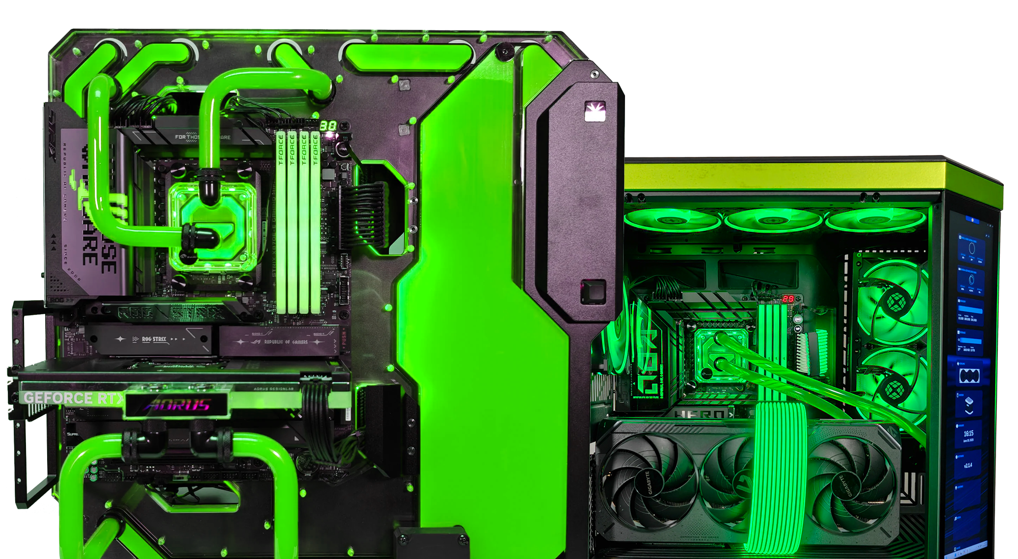 Custom XOTIC PC green liquid cooled gaming desktop featuring hardline tubing, GeForce RTX graphics card, RGB fans, and high performance custom water cooling build.