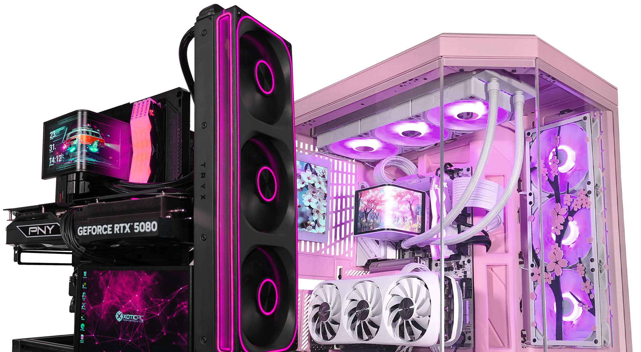 Two custom gaming PCs side by side, one is an open air design with black and pink, the other is a pink Y70.  both with RGB lighting, liquid cooling, multiple case fans, internal display screens, and a visible GeForce RTX 5080 graphics card.