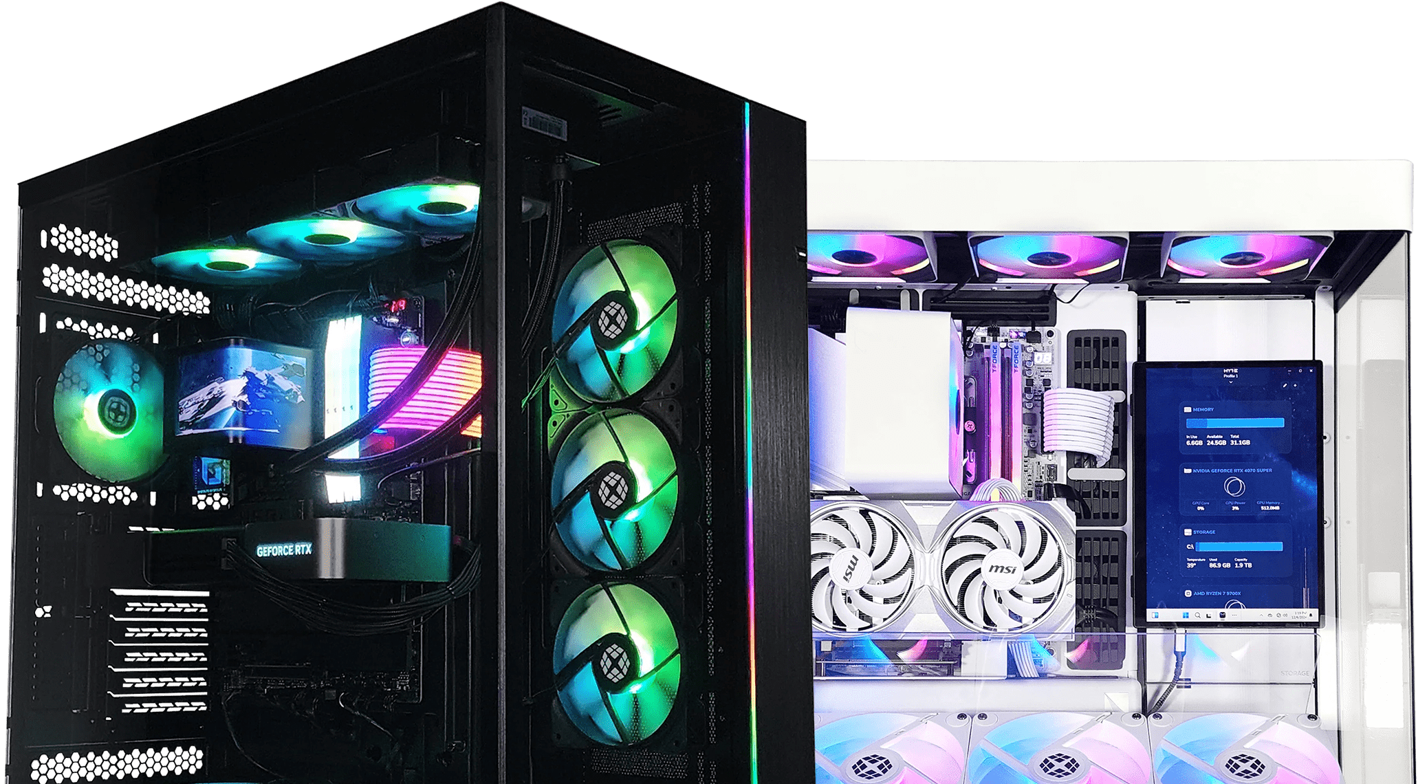 Two custom gaming PCs with tempered glass panels, one in black and the other in white. The black build features a GeForce RTX graphics card, curved display inside the case, and RGB fans with green and blue lighting. The white build includes an MSI GeForce RTX, white components, multiple RGB fans, and a side-mounted system monitoring display.