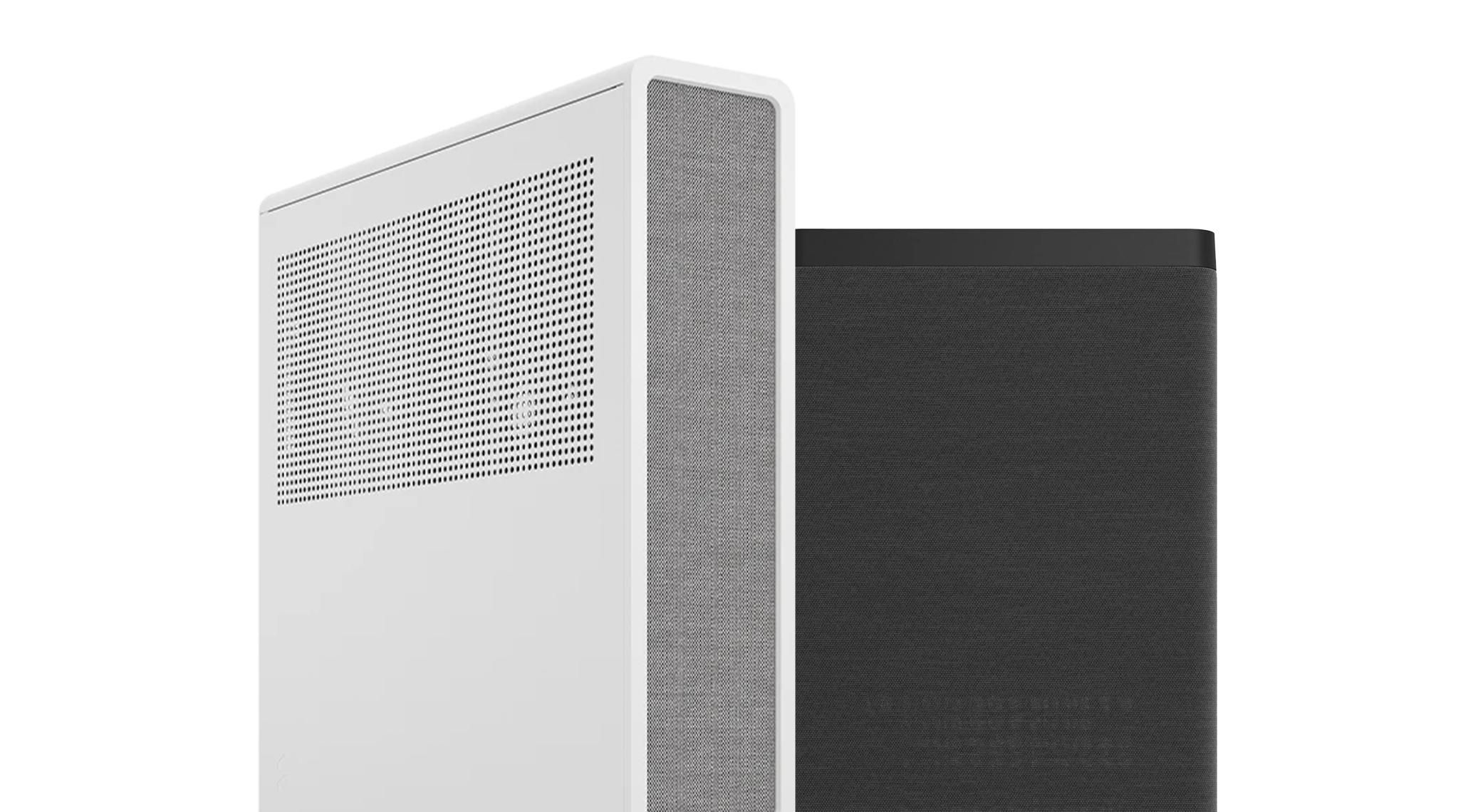 Two custom gaming PCs with tempered glass panels, one in black and the other in white. The black build features a GeForce RTX graphics card, curved display inside the case, and RGB fans with green and blue lighting. The white build includes an MSI GeForce RTX, white components, multiple RGB fans, and a side-mounted system monitoring display.