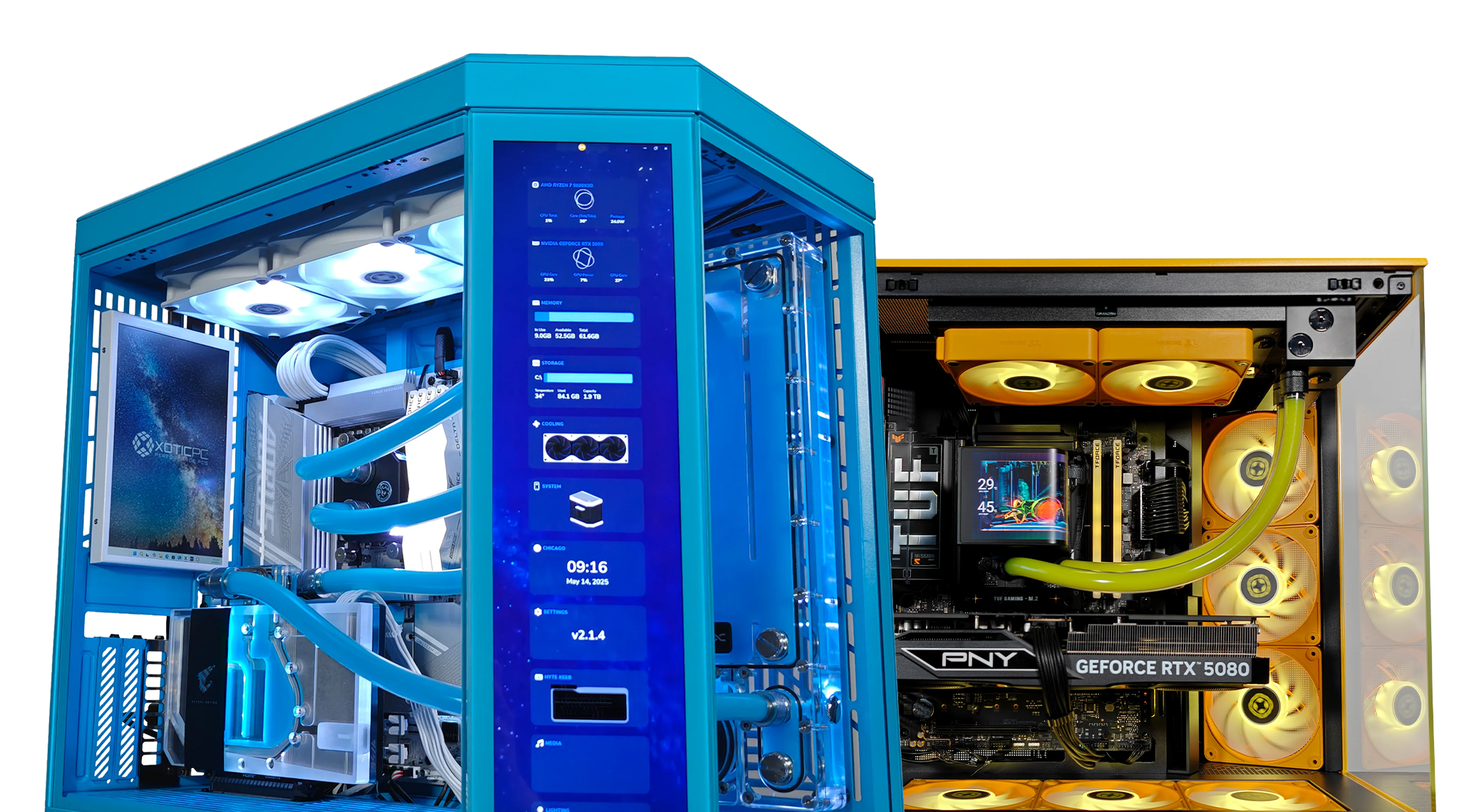 Two high-end custom gaming PCs side by side, showcasing intricate liquid cooling systems and internal RGB lighting. The PC on the left has a blue color theme with a built-in front panel display showing system stats and a transparent side revealing blue coolant tubes, white cables, and components from XOTICPC. The right PC has a black and yellow theme with orange lighting, green coolant tubing, and an NVIDIA GeForce RTX 5080 GPU. A white arrow above points from the left PC to the right, suggesting an upgrade or transition.