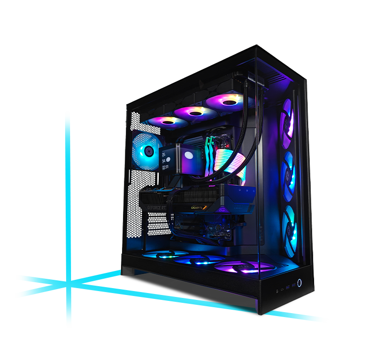 Custom-built H9 Flow gaming PC tower with RGB lighting, multiple cooling fans, liquid cooling system, and a GeForce RTX graphics card inside a tempered glass case, measuring 506 mm tall and 481 mm deep.