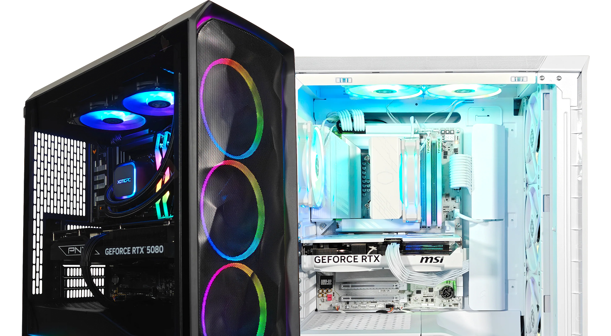 Two custom G7 Meshify 3 gaming PCs side by side, one in a black case and the other in white. The black PC features a PNY GeForce RTX 5080 graphics card, RGB liquid cooling, and front mesh panel with glowing fans. The white PC has an MSI GeForce RTX graphics card, white components, and multiple RGB fans with blue lighting.
