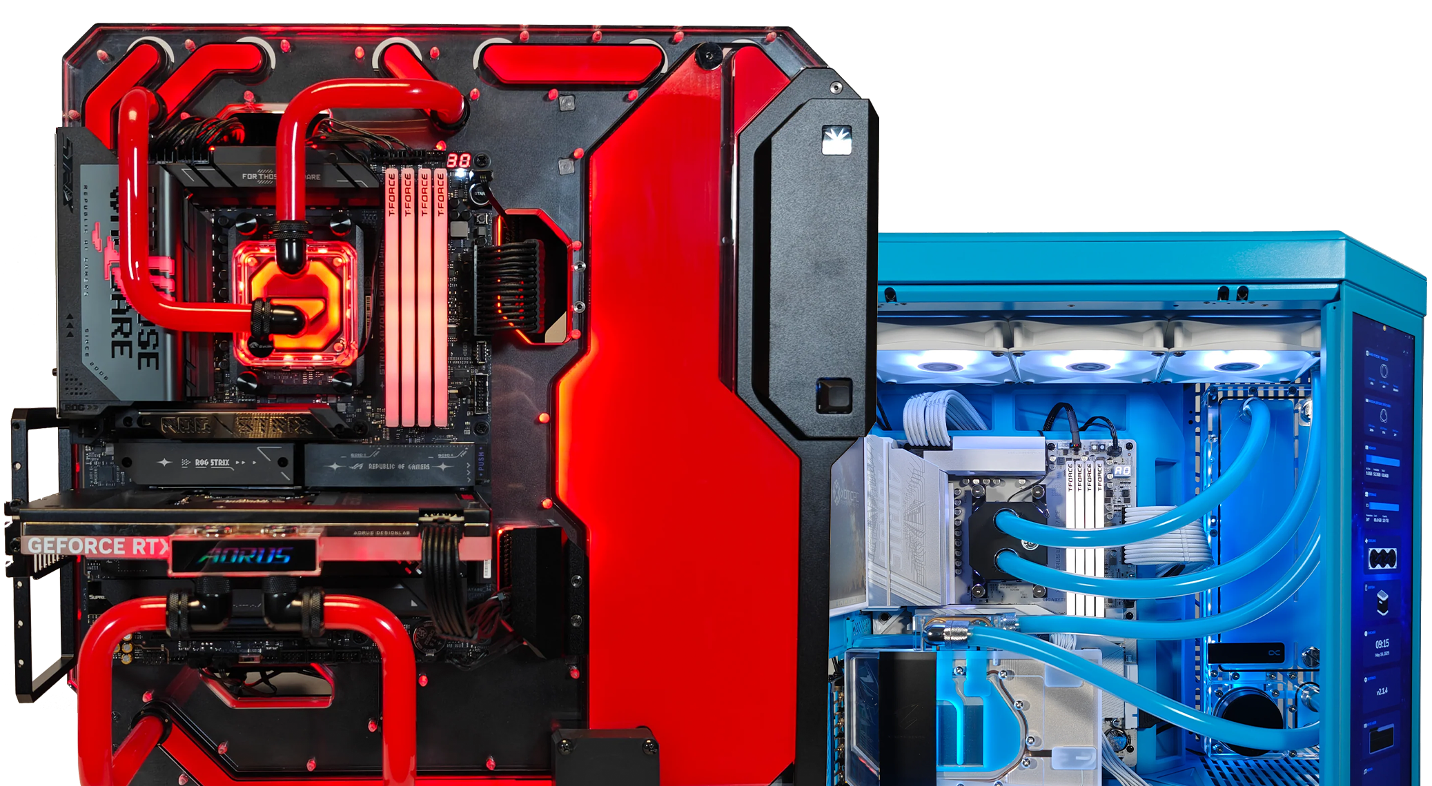 Two custom gaming PCs with tempered glass panels and RGB lighting. The left build features a PNY GeForce RTX 5060 graphics card, Project Zero motherboard, and blue LED fans. The right build includes an EVGA GeForce RTX GPU, liquid cooling with XOTIC PC branding, and purple accent lighting inside a Fractal case.