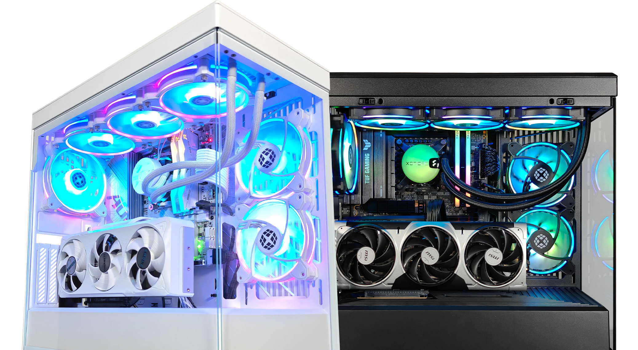 Two custom G6 HYTE Y40 gaming PCs with tempered glass panels, one in a white case and the other in black. Both feature ASUS TUF Gaming motherboards, MSI and ASUS graphics cards, and multiple RGB cooling fans glowing in blue, green, and pink lighting.