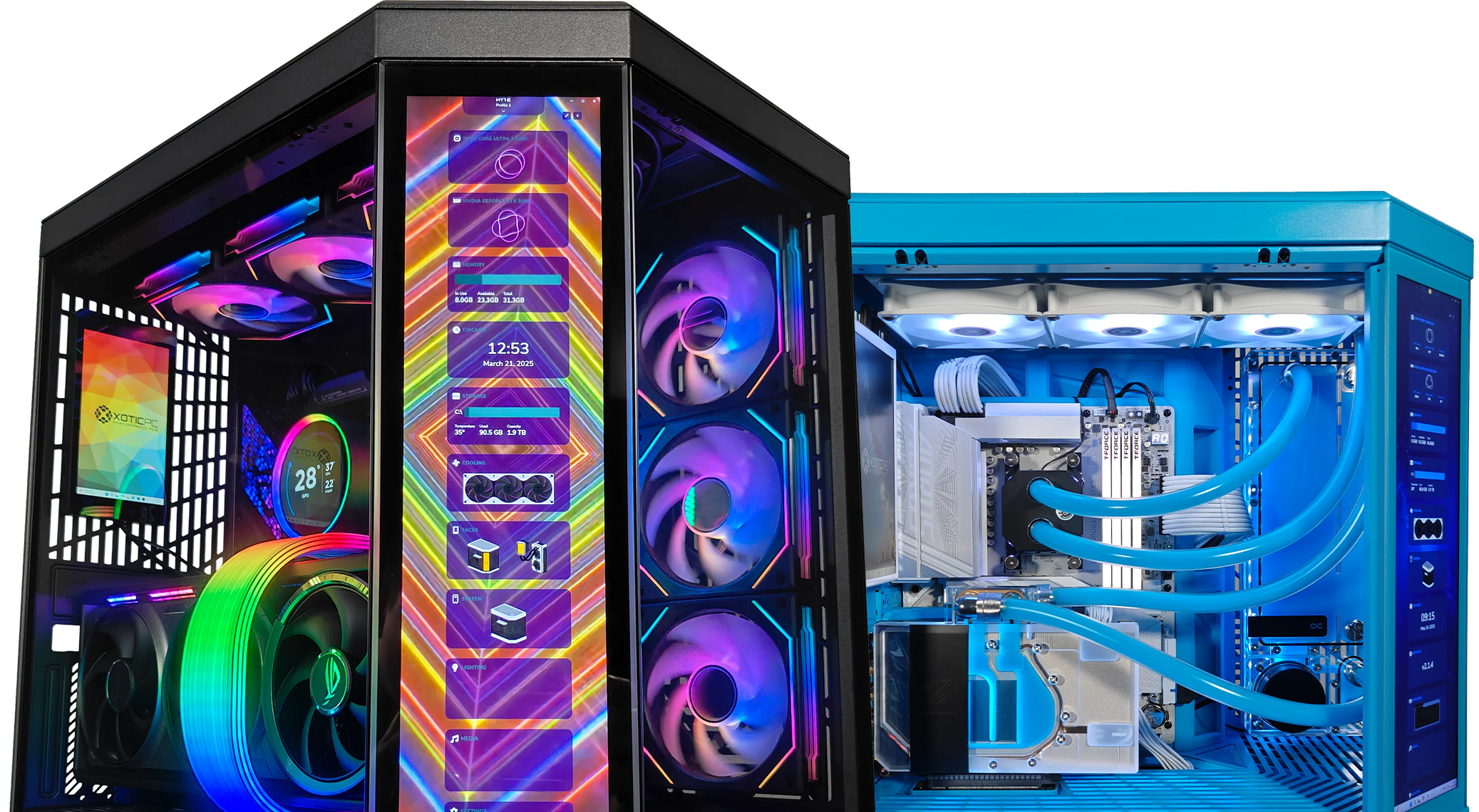 Two XOTIC PC GX13 HYTE custom gaming desktops side by side. The black GX13 features RGB liquid cooling, ASUS ROG graphics, and a front display panel with rainbow lighting effects. The blue GX13 highlights a white interior with custom liquid cooling tubes, multiple RGB fans, and a side-mounted digital monitoring screen.