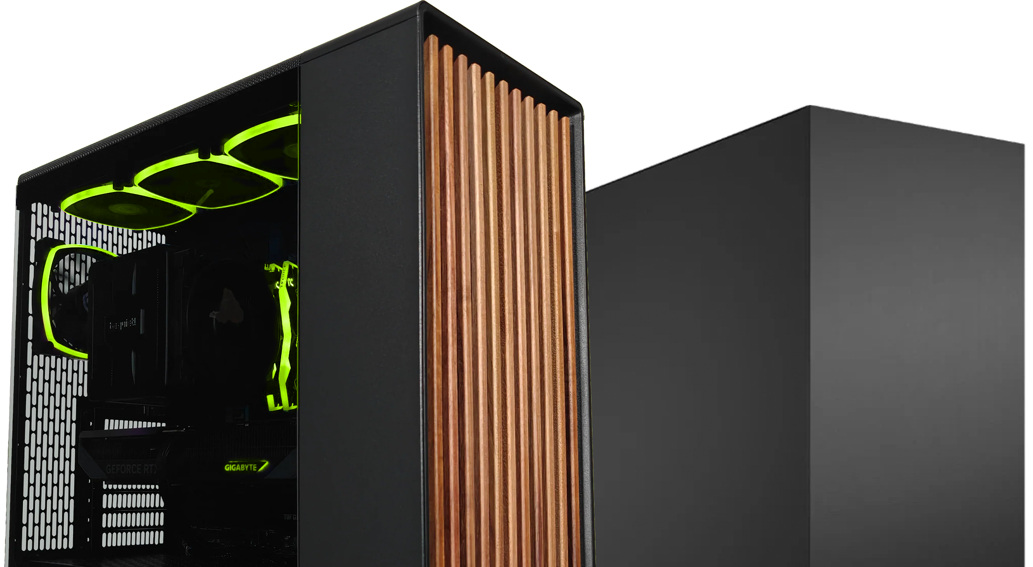 Two custom gaming PCs with tempered glass panels, one in black and the other in white. The black build features a GeForce RTX graphics card, curved display inside the case, and RGB fans with green and blue lighting. The white build includes an MSI GeForce RTX, white components, multiple RGB fans, and a side-mounted system monitoring display.