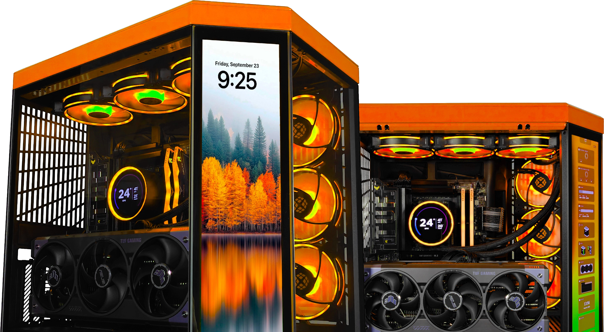 Custom-built gaming PCs with orange accents, ASUS TUF Gaming graphics cards, and RGB cooling fans. Side displays show system temperatures and an autumn forest wallpaper reflected on a lake.