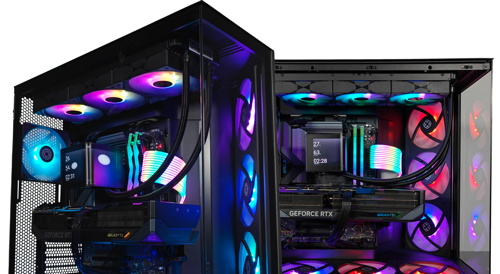 Two custom GX11 H9 FLOW gaming PCs with tempered glass cases, both featuring Gigabyte GeForce RTX graphics cards, liquid cooling, and RGB fans. The builds display vibrant lighting in blue, purple, and red, with illuminated cables and system monitoring screens on the CPU coolers.